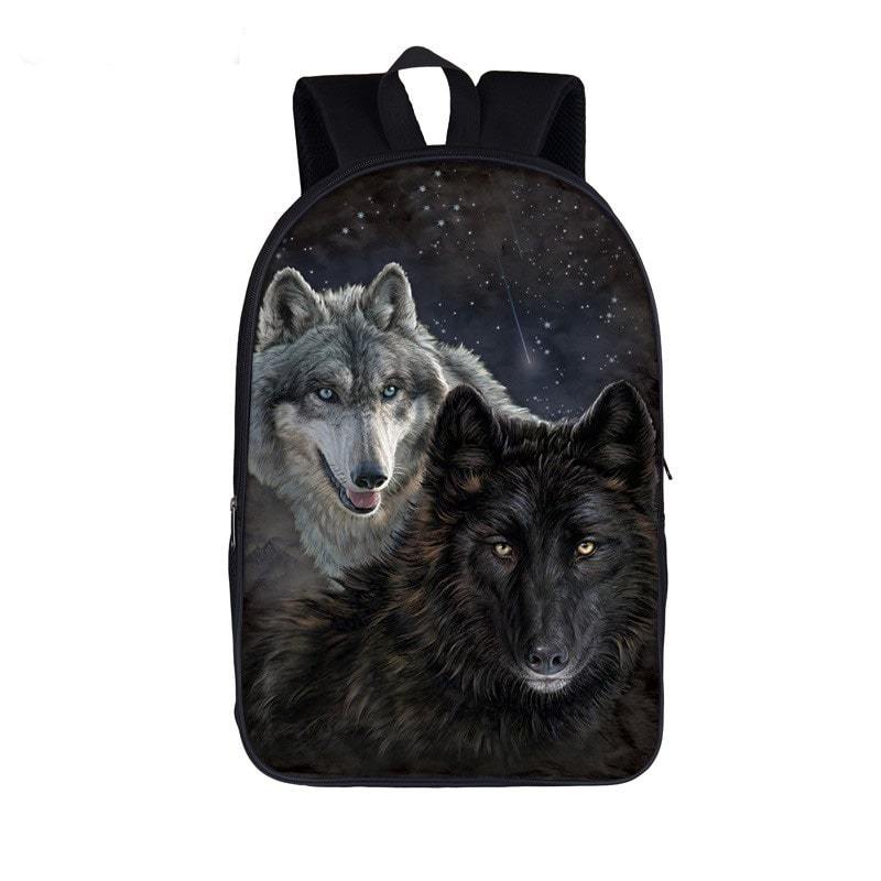 Wolf Duo Gray And Black Canines Dark Starry Night Backpack - Saiyan Stuff